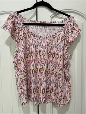 LOFT Pink Multicolor Ikat-Print Flutter Sleeve Tank
